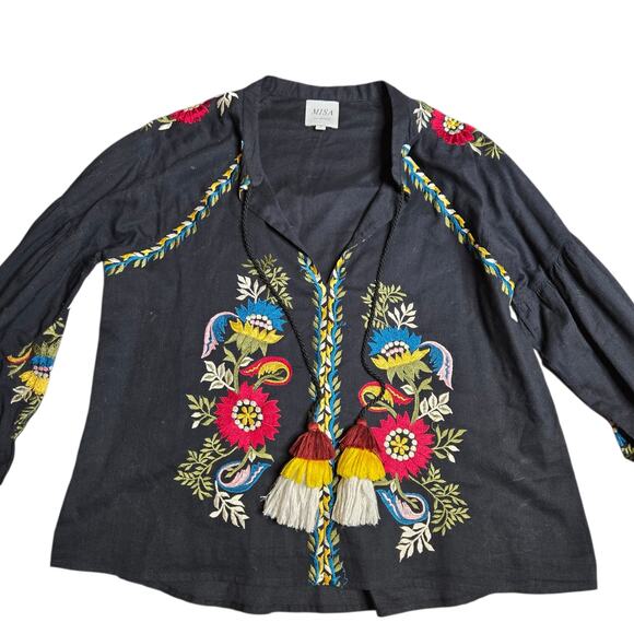 MISA Los Angeles Black Floral Embroidered Tassle Blouse Size: S - Picture 2 of 5